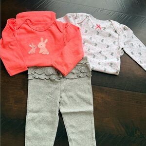 Baby Girl 2-Piece Coral Bunny Top & Gray Ruffle Leggings Set